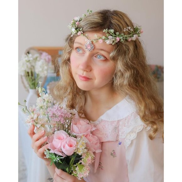 Pink Flower Elven Crown Handmade Halo Floral Wreath Headband for Weddings main image 6